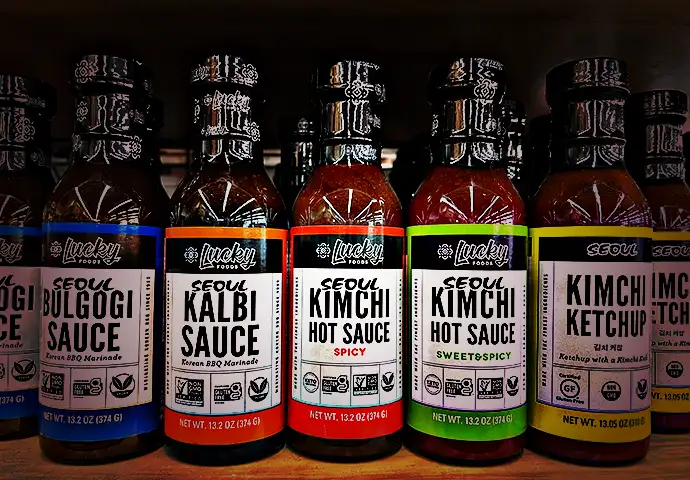 Kimchi bottles with bright colored labels that demand a lot attention to SKUs