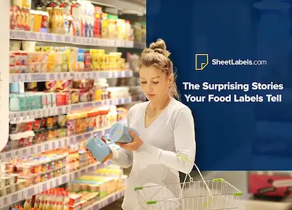a vibrant and neatly organized display of various food and beverage products on a grocery store shelf. Each product has a clear and distinct label showing key information.
